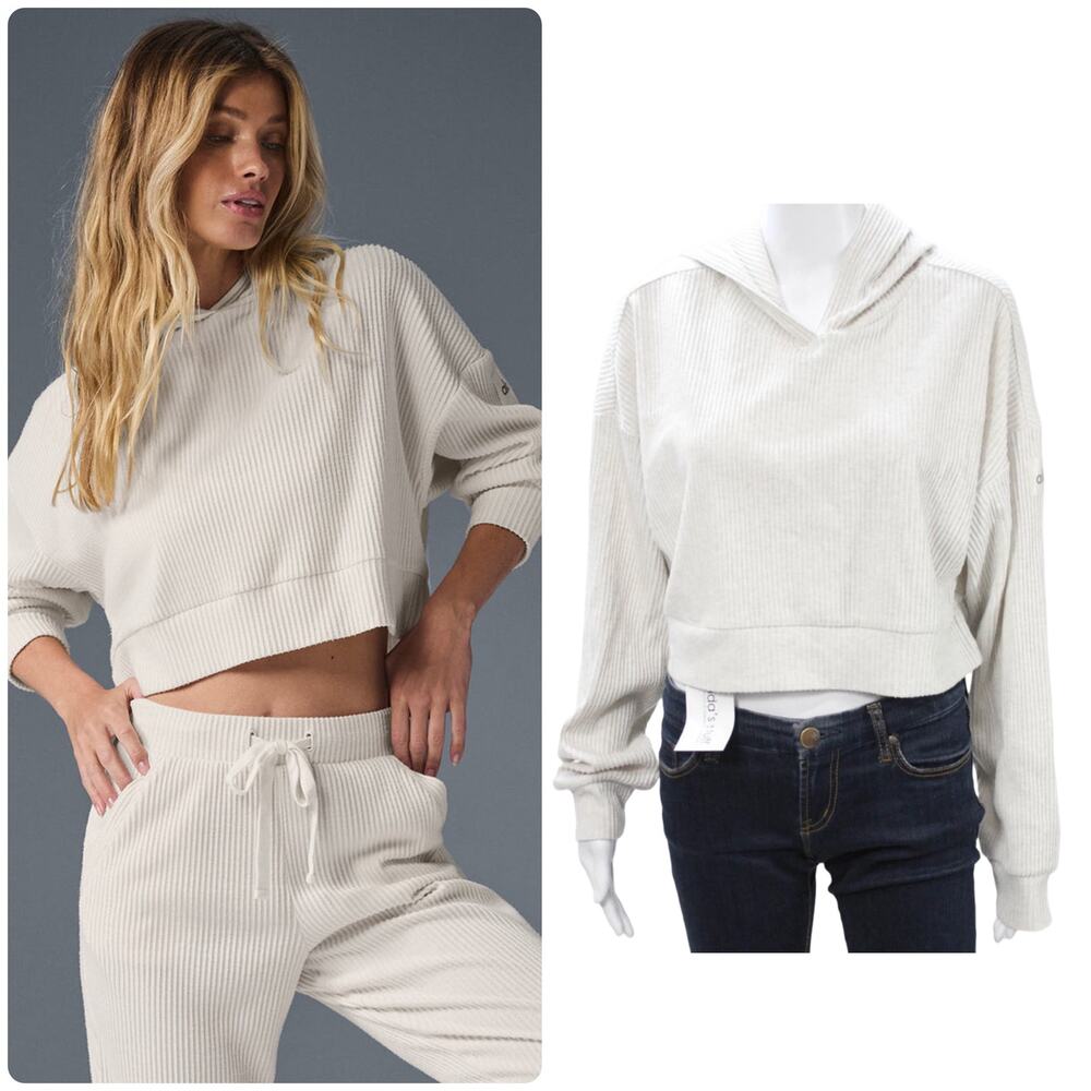 Alo Yoga Muse Cropped Hoodie Ivory Ribbed Minimal Athleisure Pullover S